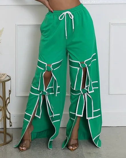 Striped Patchwork Bowknot Split Wide Leg Jogger Trousers