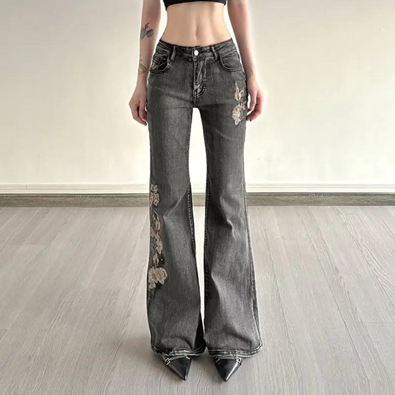 Beaded Embroidered Micro Slim Flare Jeans Street Y2k
