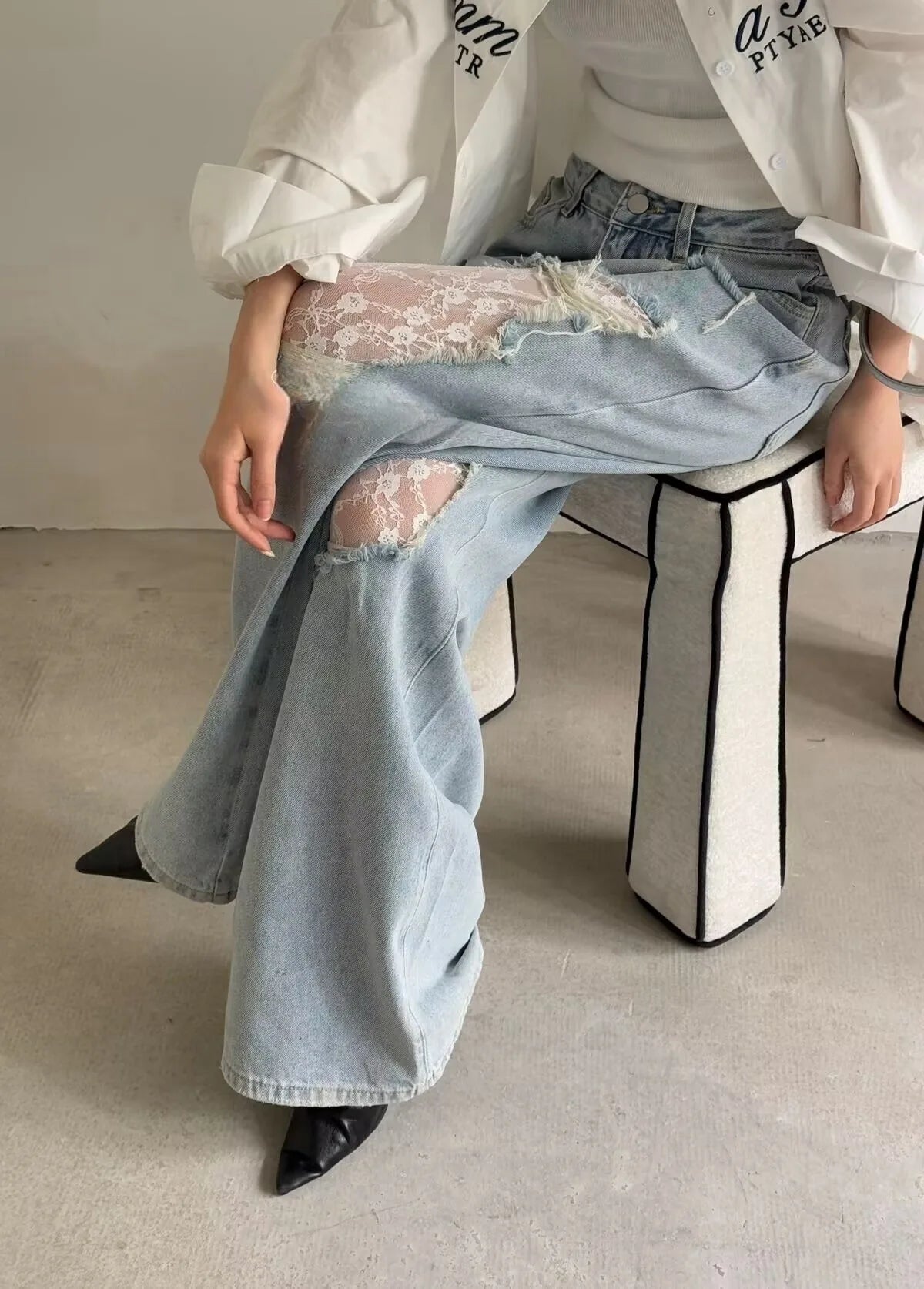 American Style Hottie Hole Lace Spliced Jeans for Women Y2k Fashion High Waist Loose Wide Leg Pants