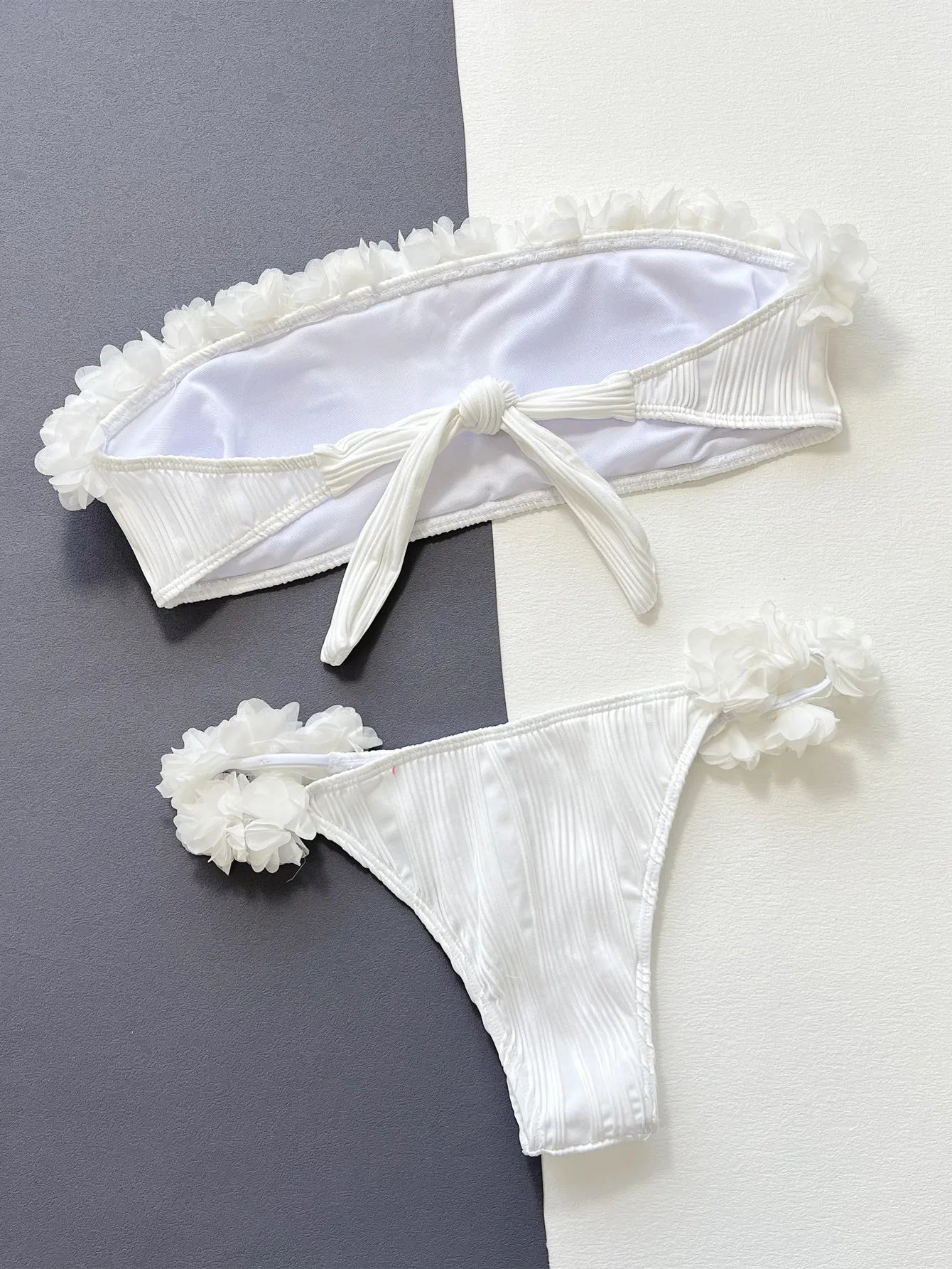 Lace Ruffle Strapless Backless Bikini Set White High Waist Swimwear