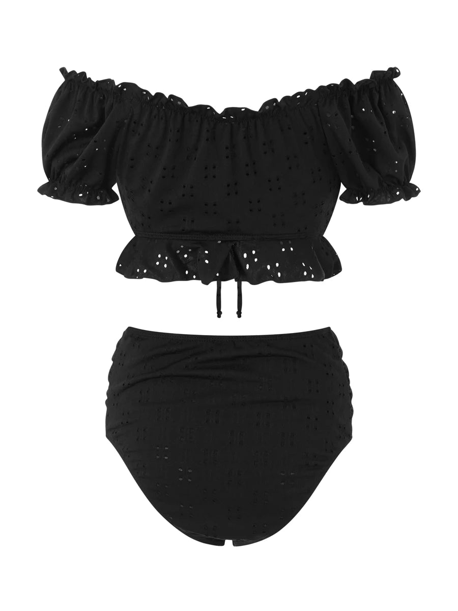 Maternity Tankini Swimsuit High Waisted 2 Pieces Bikini Set Solid Color Off Shoulder