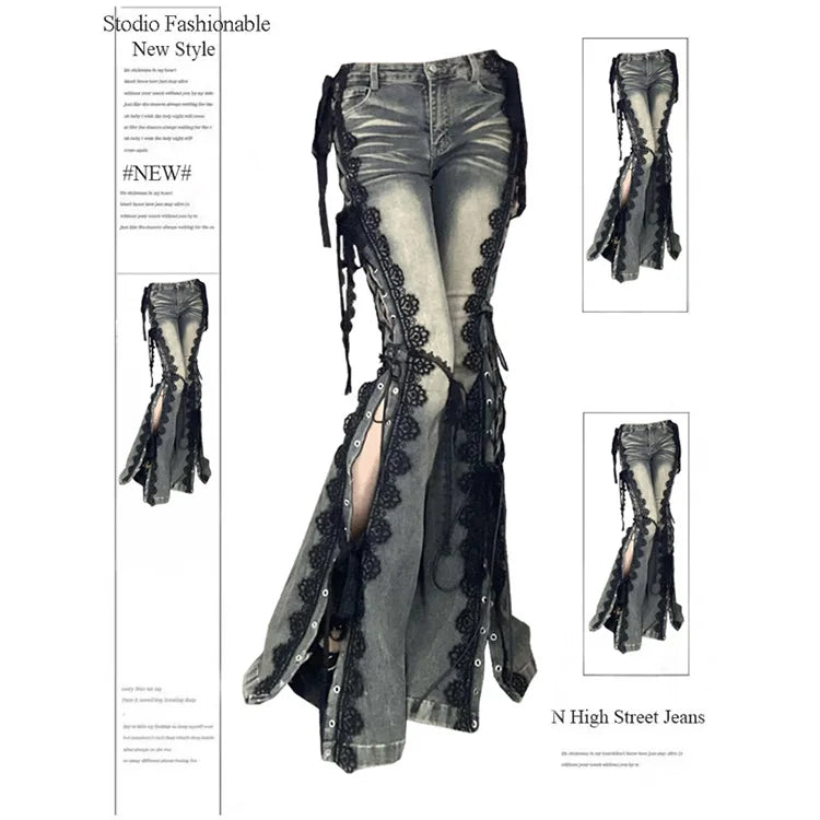 Low Rise Split Bootcut Pants Women Spring Eyelets Lace Up Flare Stitch Lace Slim Bell Bottoms