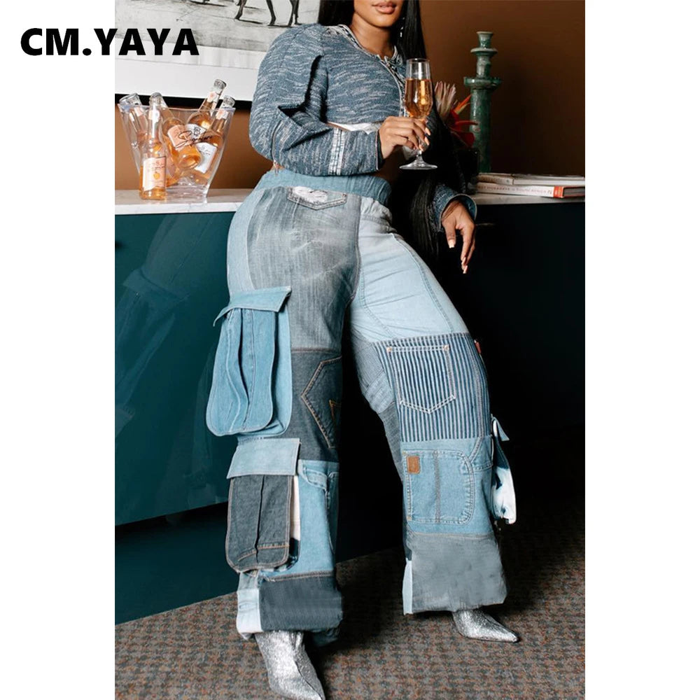 CM.YAYA Women Printed Organ Pocket Side Wide Leg Pants 2023 Autumn Winter Streetwear Cargo Safari Style Trousers