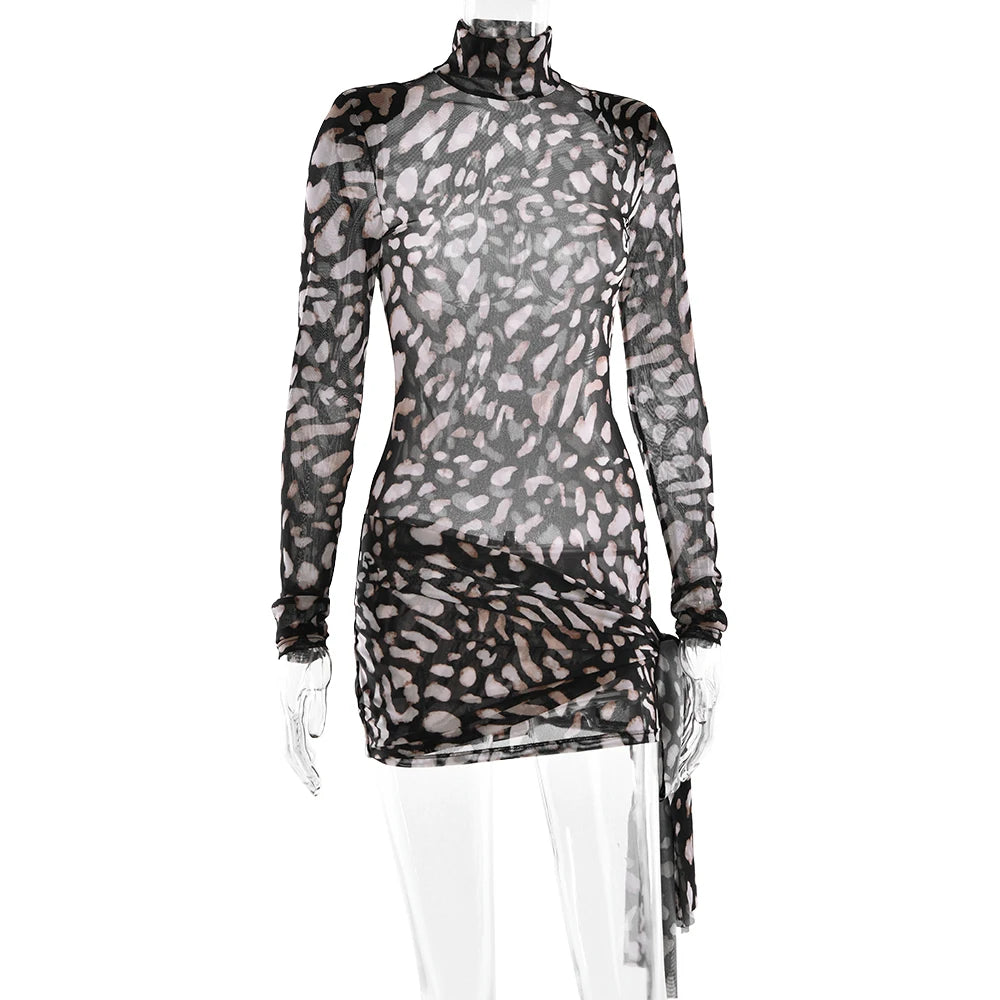 Fantoye Turtleneck Sheer Print Leopard Bandage Dress Long Sleeve Mini Slim Elegant Leopard / L Black / S Black / M Leopard / L-Black / S-Black / M-Leopard / S-Black / L-Leopard / M-