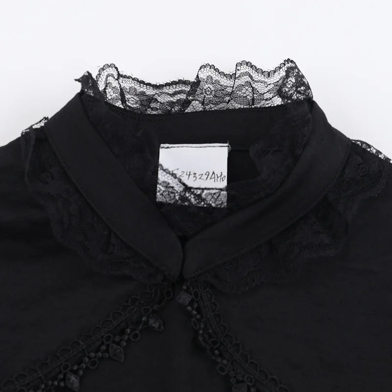 Vintage Gothic Smock Women Elegant Cute Lace Patchwork Puff Sleeve Crop Tops Aesthetic Fairy
