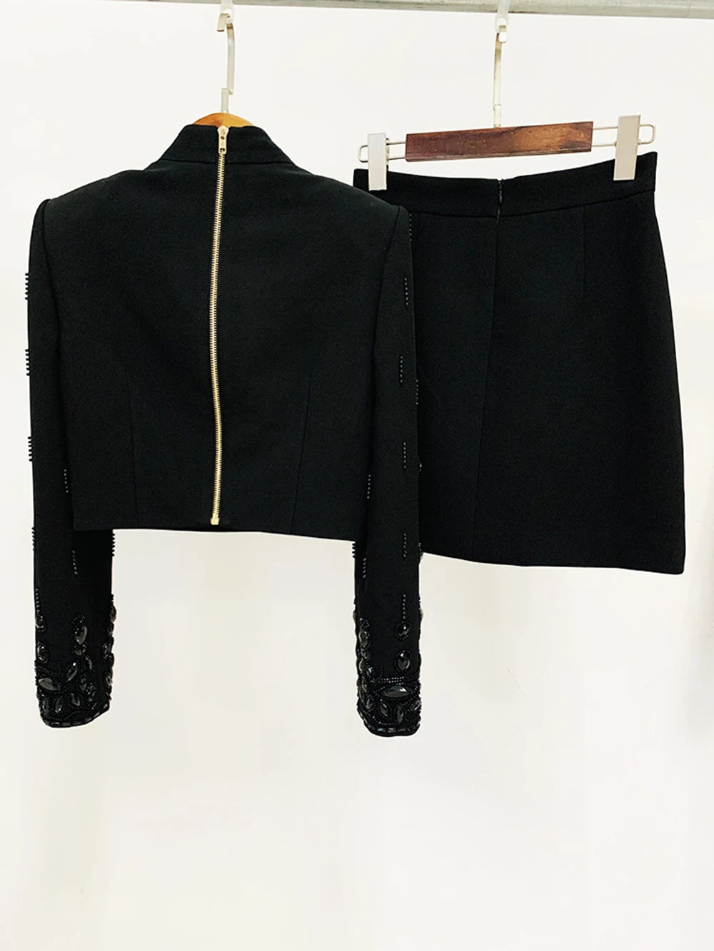 Long Sleeve Short Top and Mini Skirt Suit Outfit, Diamond Beaded Design,High Quality, 2 Pcs Set