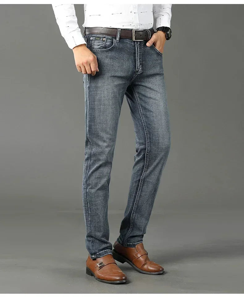 Men Classic Jeans Straight Regular Blue Stretch Denim Trousers Men's
