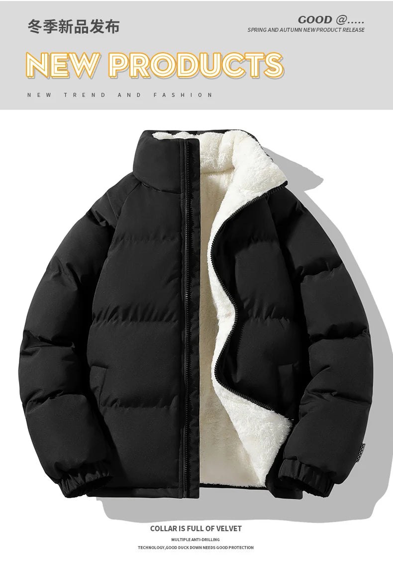 Warm Parka Coat Fleece Inside Male Solid Color Stand Collar Cotton Jacket Men's