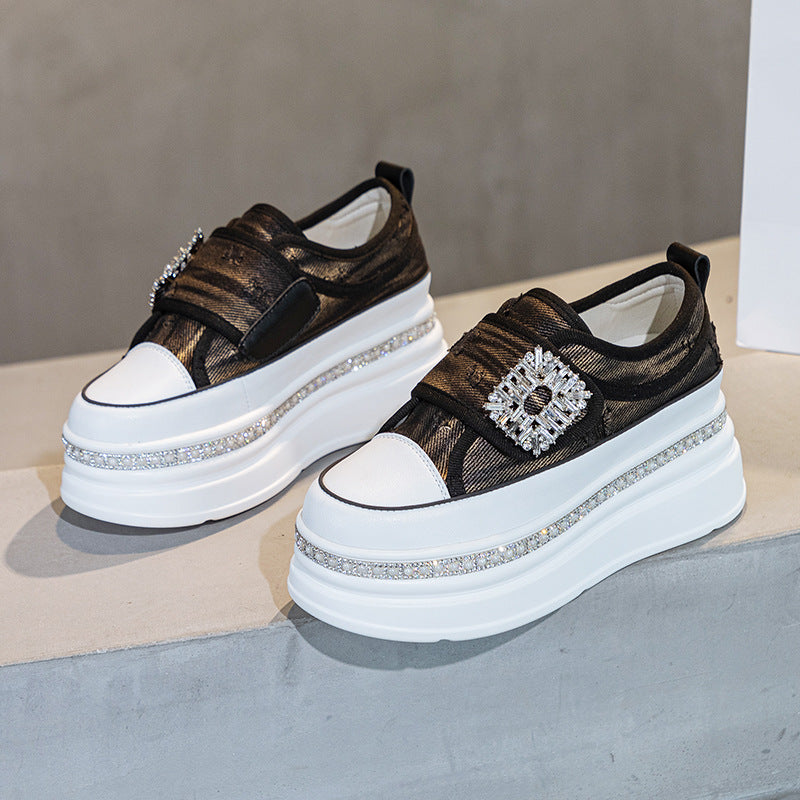 Denim Platform Wedge Genuine Leather Casual Comfy High Brand Chunky Sneakers Hidden Heels Shoes