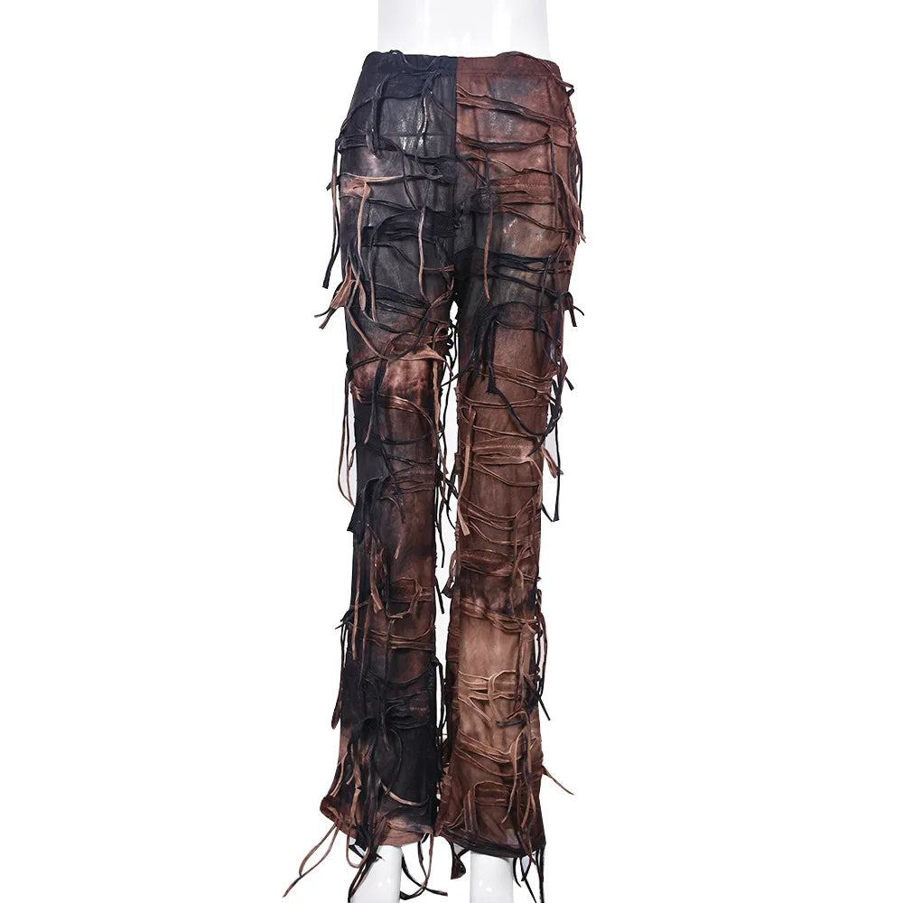 Tie Dye Printed High Waist Drawstring Tassel Flare Pants Stretch Legging Wide Leg