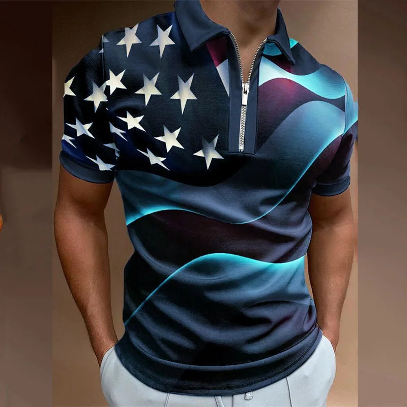 Men's 3D Flag Pattern Printed Short Sleeve POLO Shirt Zipper Men's T-Shirt