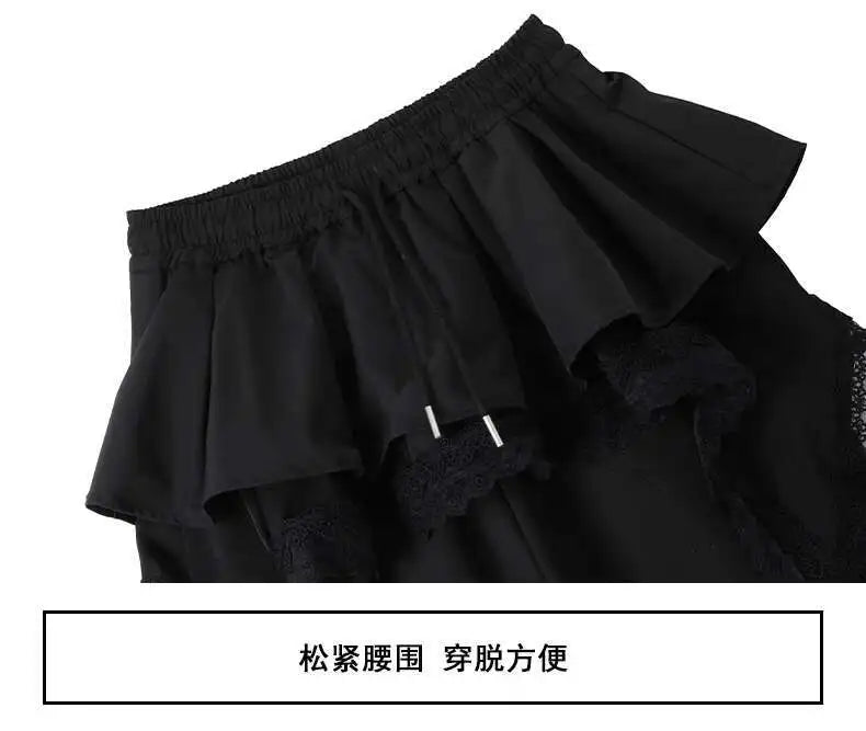 Y2K Black Cargo Pants Women Lace Patchwork White Wide Leg Pants
