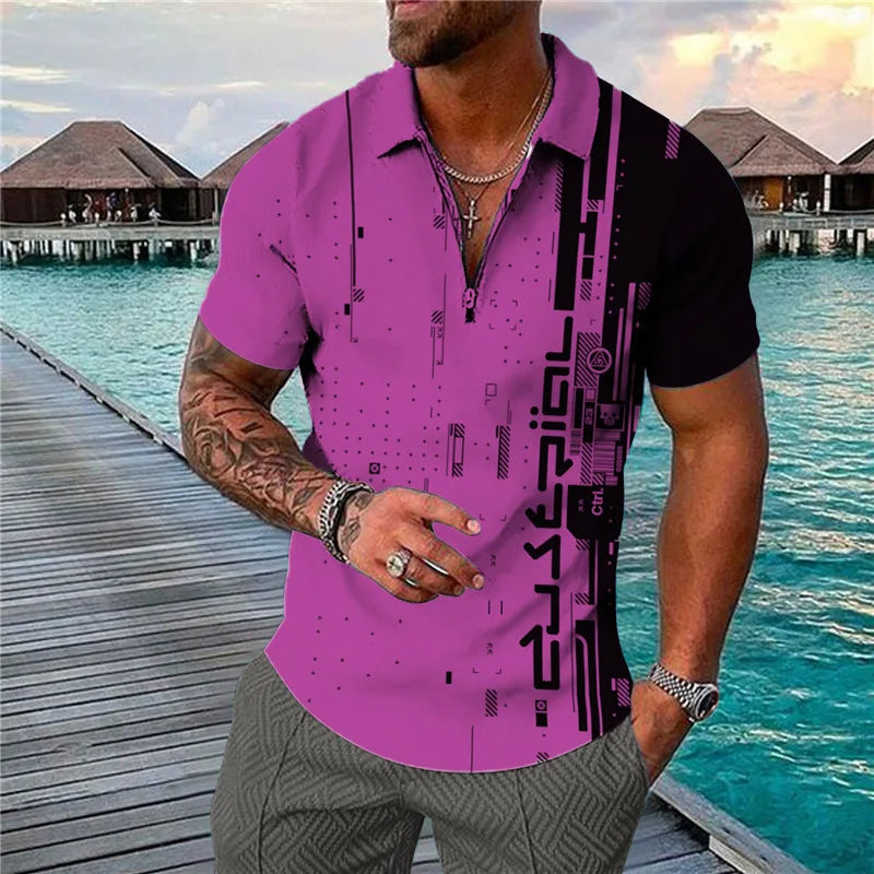 Men's 3D Flag Pattern Printed Short Sleeve POLO Shirt Zipper Men's T-Shirt