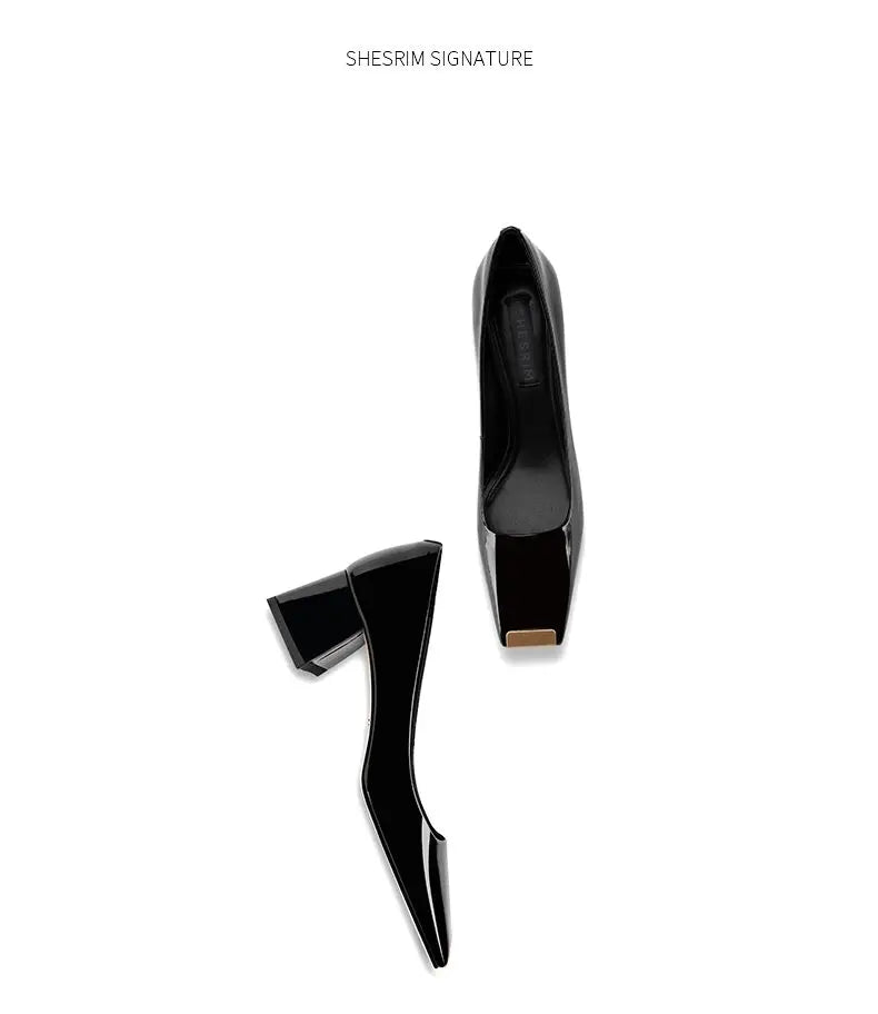 Ladies pumps chunky heels leather square head shallow mouth comfortable