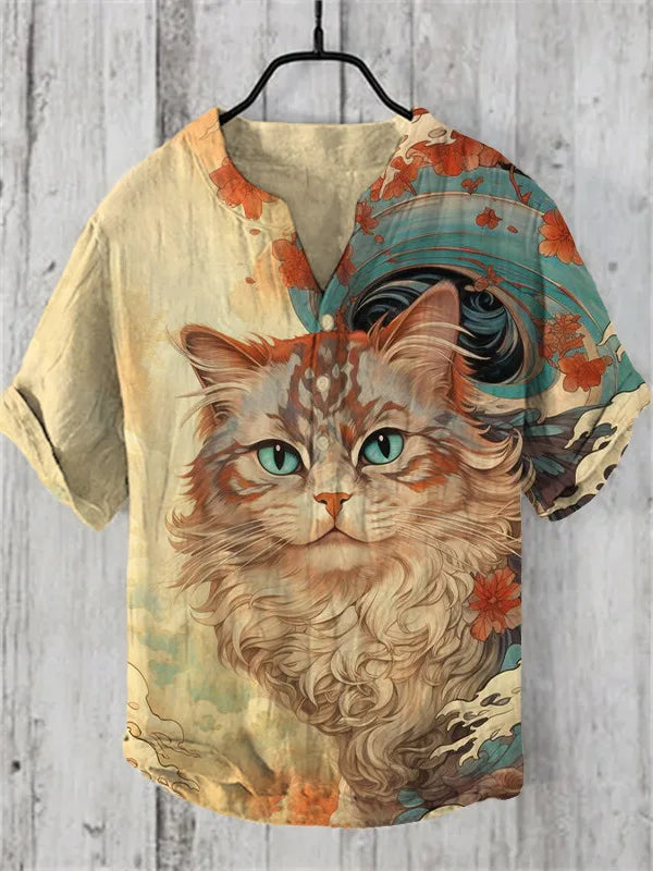 3D digital heat transfer animal landscape 3-button large size stand-up collar short-sleeved shirt