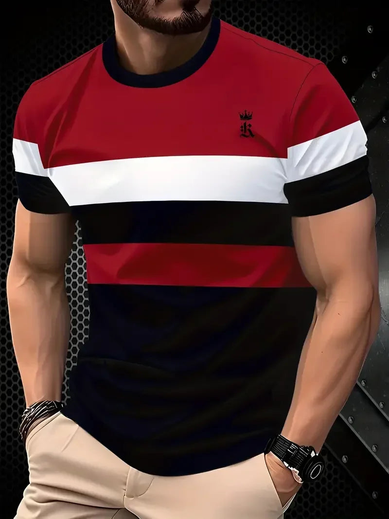 Classic Summer Men's T-shirt Loose Street Stripe Print Short Sleeve Round Neck