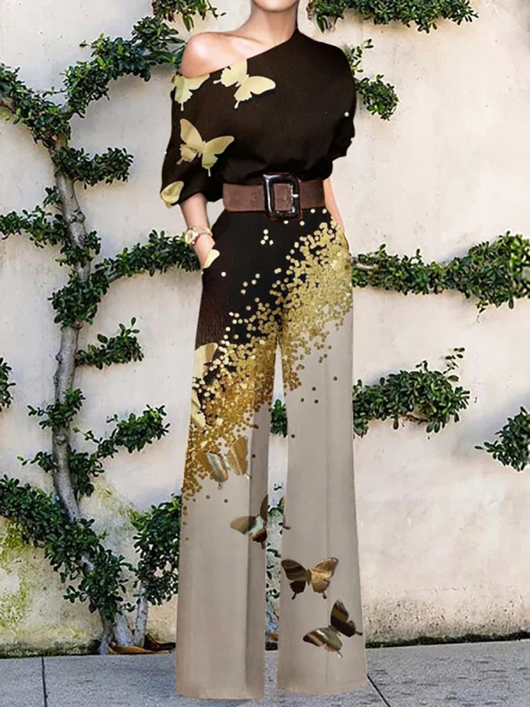 Elegant Pattern Print Party Jumpsuit Off Shoulder Wide Leg Pant Playsuit