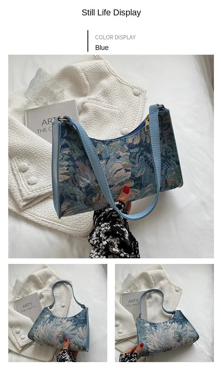 Women's Underarm Bags Autumn 2023 Trendy New Oil Painting Shoulder Bag Cute Simple Handbags and Purses Female Travel Small Totes