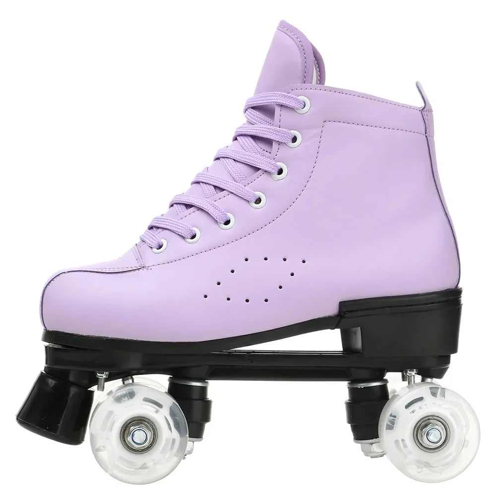 PU Leather Roller Skates Women Double Row Breathable 4 wheel Skate Shoes