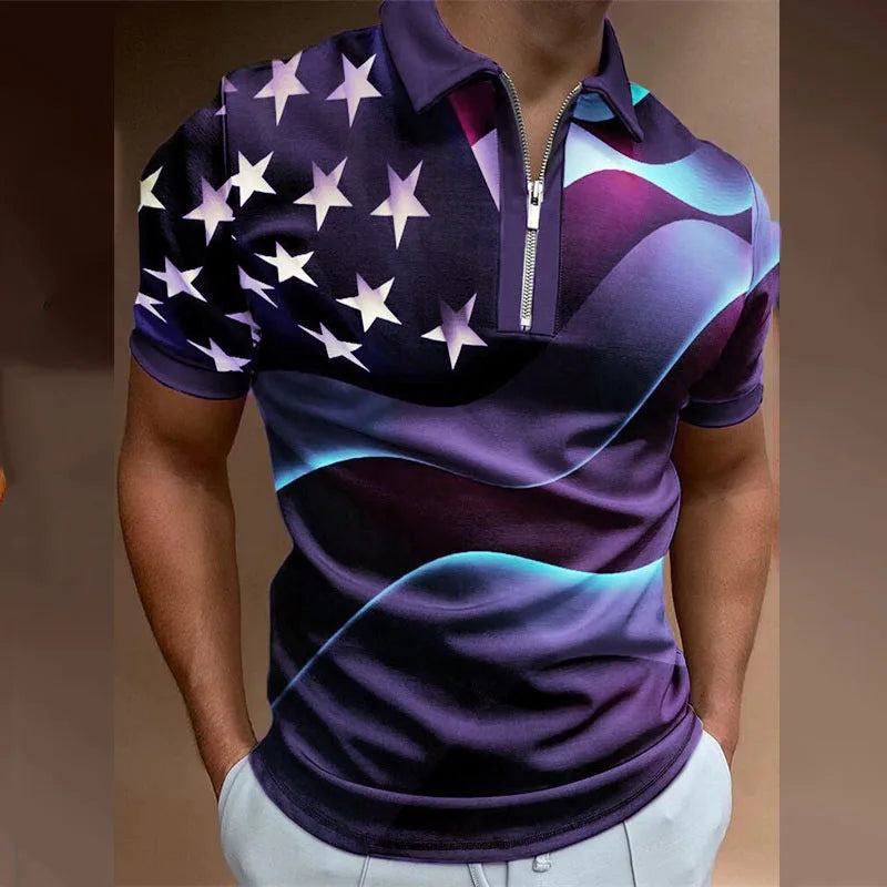 Men's 3D Flag Pattern Printed Short Sleeve POLO Shirt Zipper Men's T-Shirt