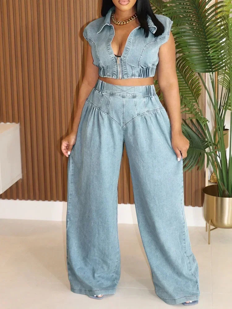 Denim Sets Women 2 Piece Outfit 2025 Jeans Zipper Turn-down Collar Cropped Top and Loose Wide Leg Pants