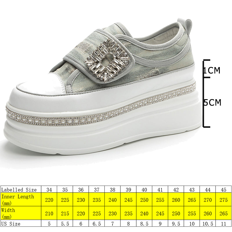 Denim Platform Wedge Genuine Leather Casual Comfy High Brand Chunky Sneakers Hidden Heels Shoes