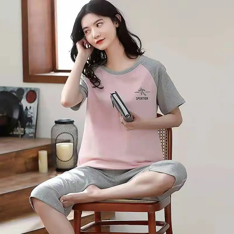 Half-Sleeve Seven-Quarter Trousers Student Nightwear Set Round Neck Cartoon Ladies Pajamas Loungewear
