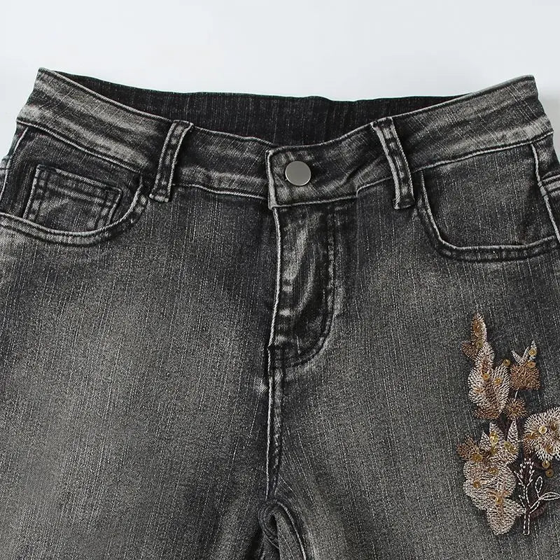 Beaded Embroidered Micro Slim Flare Jeans Street Y2k