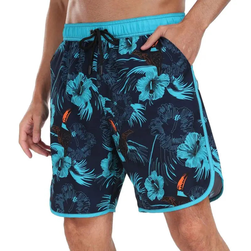 Men's Drawstring Printed Swimsuit Men Quick Dry Beach Trunks with Pockets and Lining