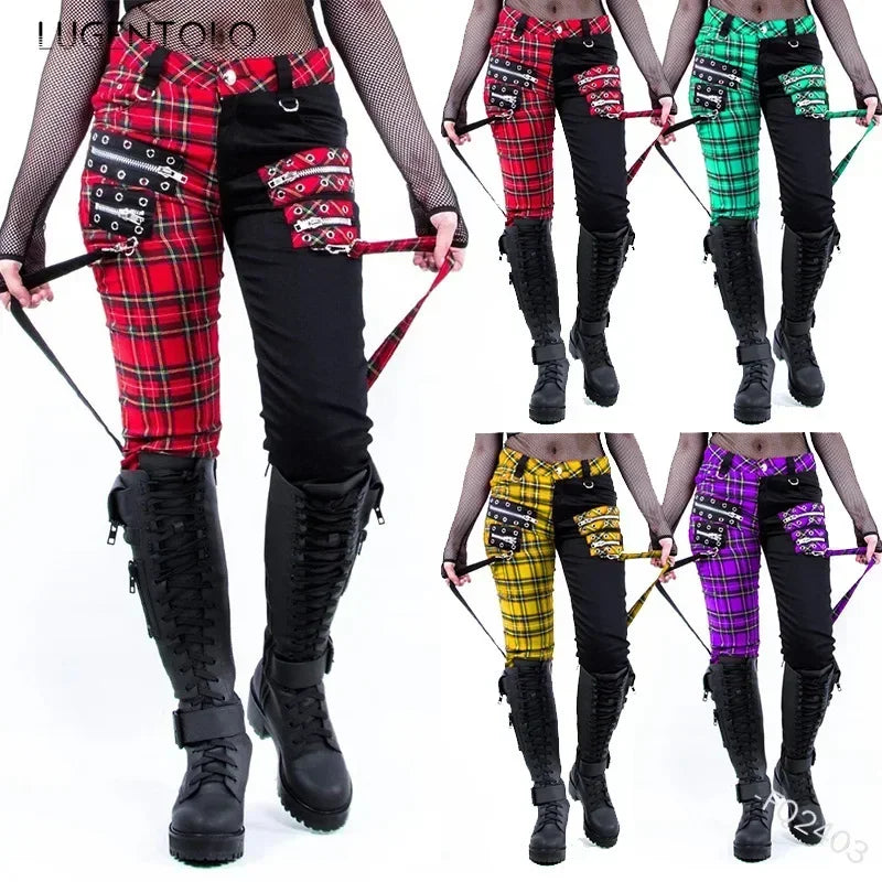 Women Pants Plaid Autumn Trousers Personality Bandage Splice Casual Women's Print Large Size Pencil Clothing