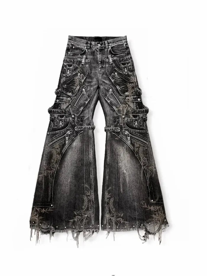 Y2K Streetwear Gothic Cargo Baggy Jeans Oversized Multi Pocket Wide Leg Pants with Zippers Straps Ripped Distressed Men Womens