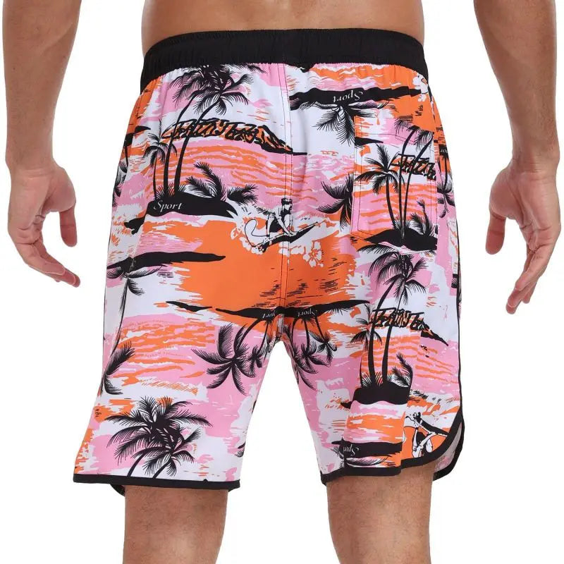 Men's Drawstring Printed Swimsuit Men Quick Dry Beach Trunks with Pockets and Lining
