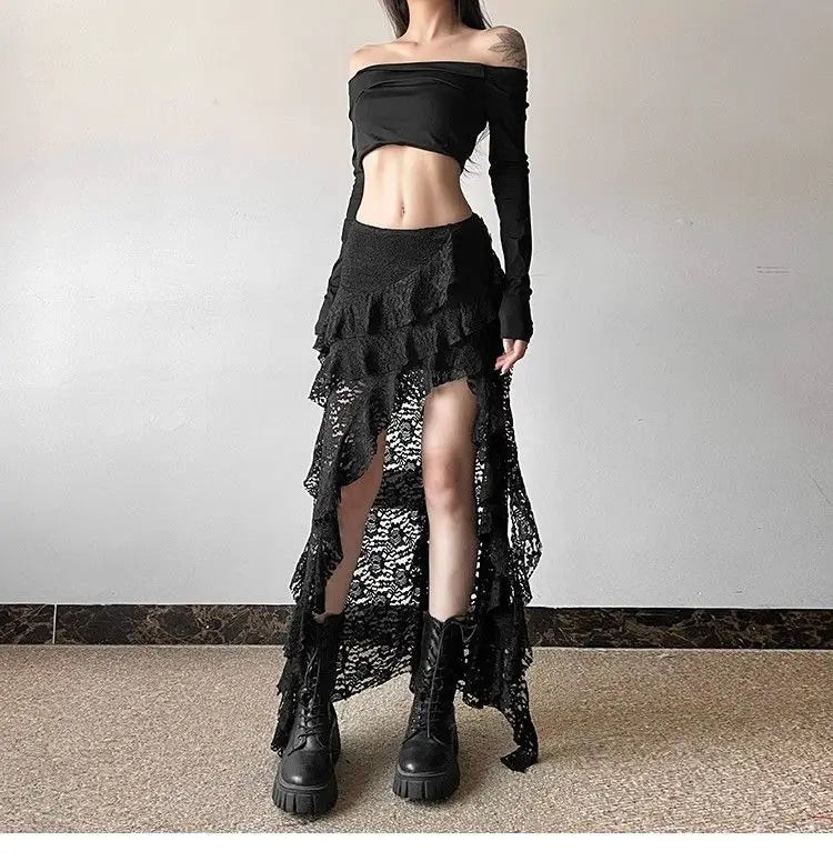 Gothic Skirt Women's Lace High waist Casual Aesthetic Long Skrit Hip hop