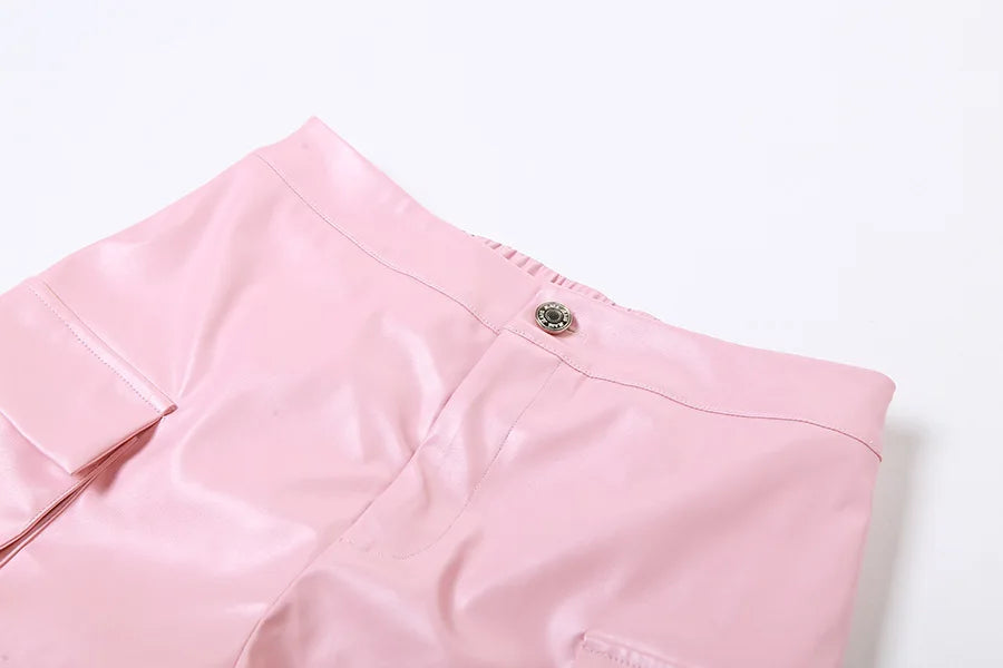 Pink Cargo Pants Straight Leg Solid Multi-Pocket Design High Waist Pu Leather Loose