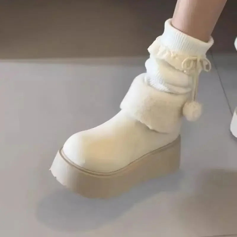 Thick Bottom Warm Anti-Slip Cotton Snow Boots Women's Winter Fleece Lined Booties Non-Slip Rubber Sole Ankle Boots
