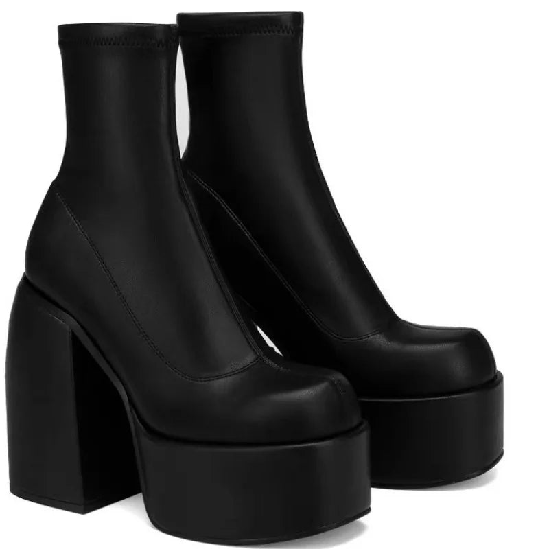 Short Boots Women Leather Boot Square toe casual Zipper high heels Casual thick soled