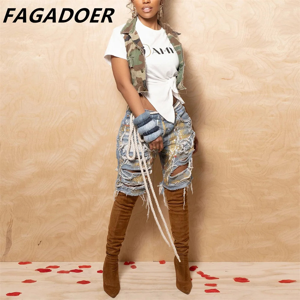 Hole Print Pants Casual High Waist Button Straight Jeans Summer Female