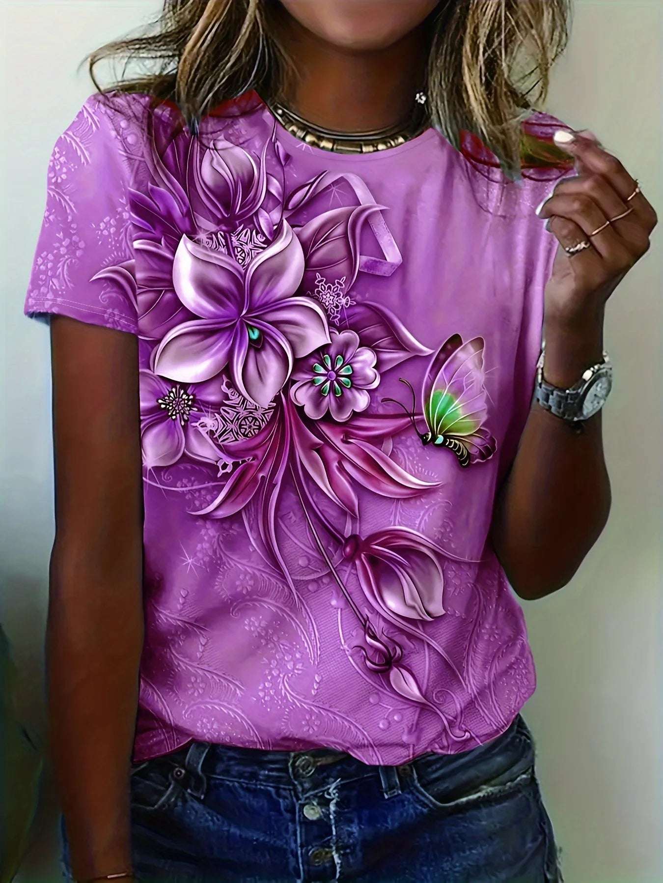 Flower Butterfly Printed Women's T-Shirt Summer NEW Oversize Short Sleeve Tee