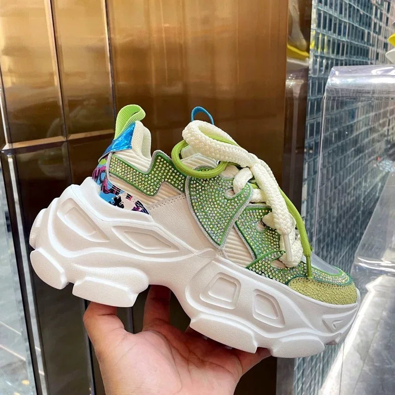 Women High Heels Platform Shoes Green Chunky Sneakers Real Leather Thick Sole Crystal