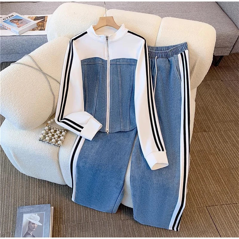 Women Preppy Style Patchwork Contrast Denim Sets Stand Collar Elastic Jeans 2 Piece Suit Streetwear Comfort
