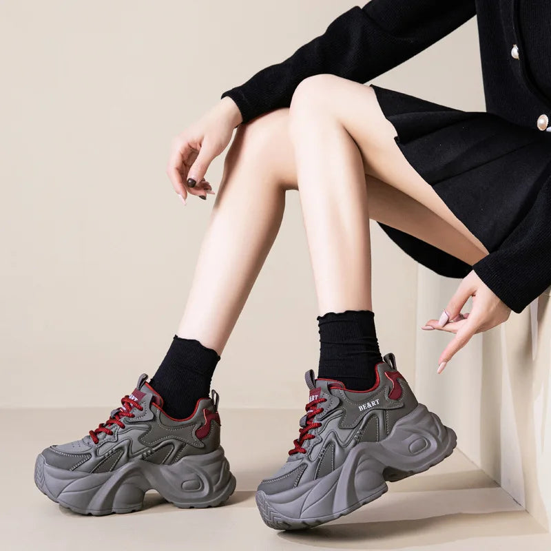 Air Mesh Genuine Leather Vulcanize High Brand Comfy Chunky Sneaker Loafer Platform Women Shoes