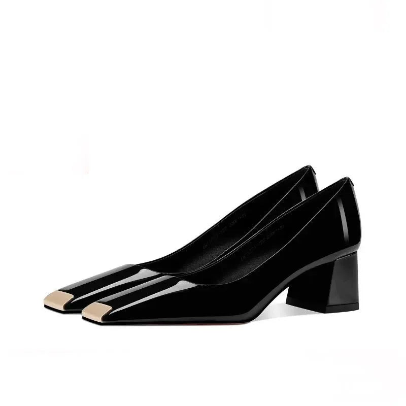 Ladies pumps chunky heels leather square head shallow mouth comfortable