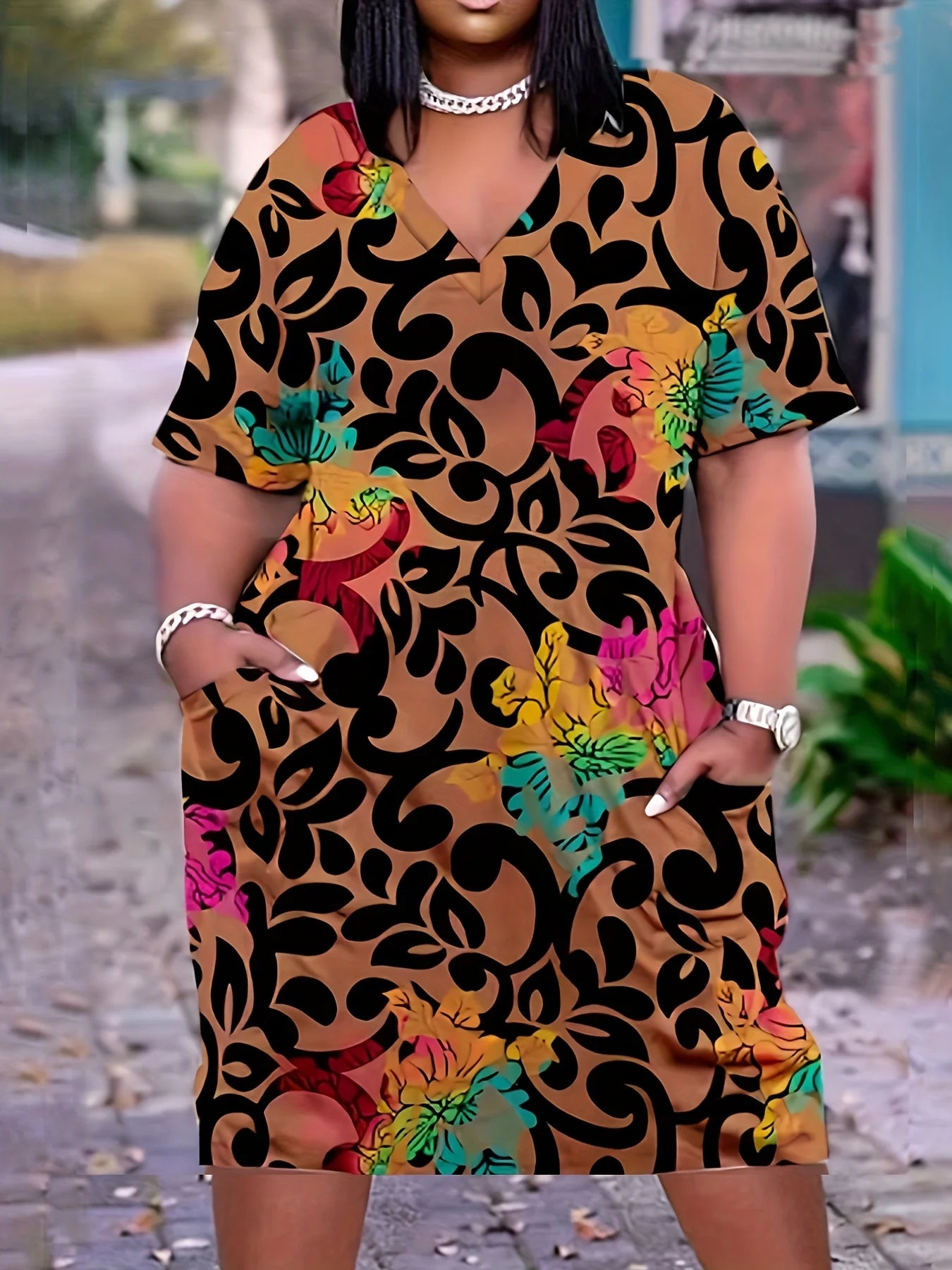 Large Size Casual Floral Print Patchwork V-neck Straight Dress