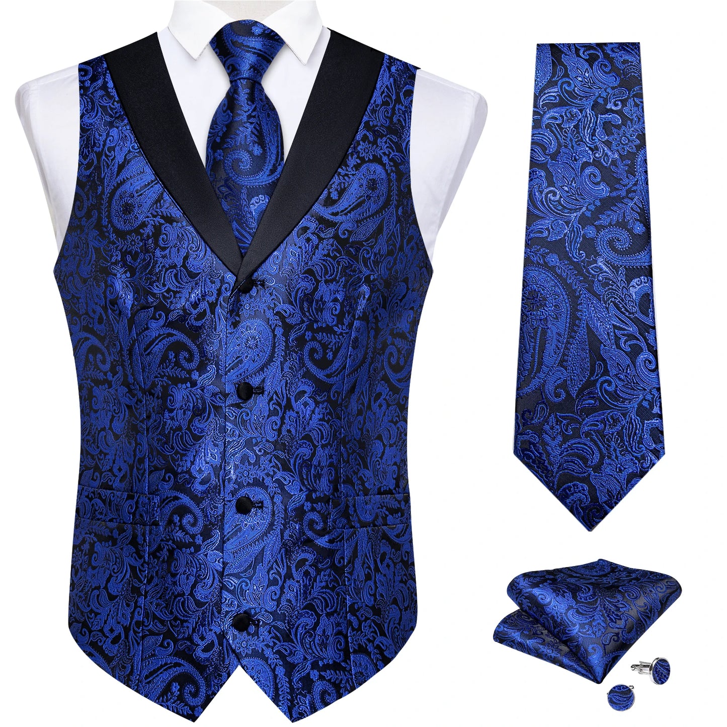 Men's Paisley Silk Suit Vest with Macthing Golden Paisley Neck Tie Handkerchief Cufflinks Wedding Prom Tuxedo Waistcoat