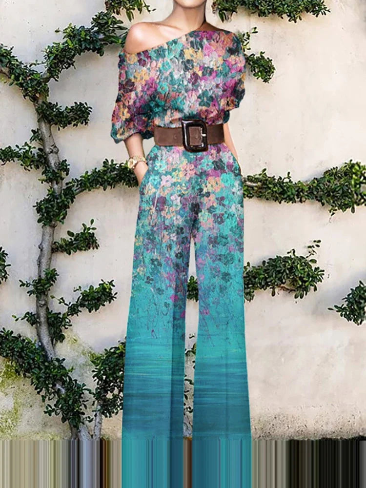 Elegant Pattern Print Party Jumpsuit Off Shoulder Wide Leg Pant Playsuit
