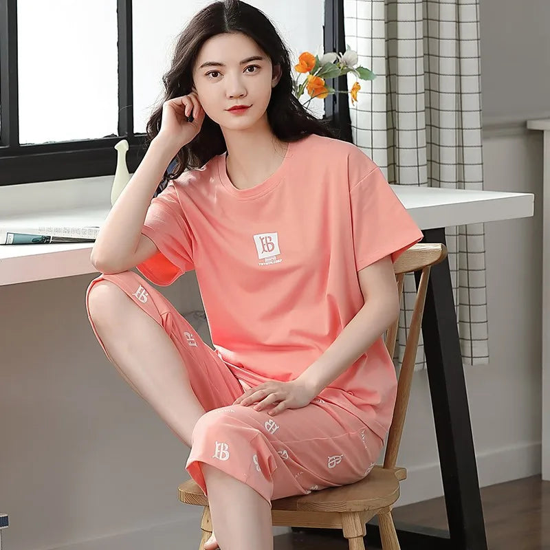 Half-Sleeve Seven-Quarter Trousers Student Nightwear Set Round Neck Cartoon Ladies Pajamas Loungewear