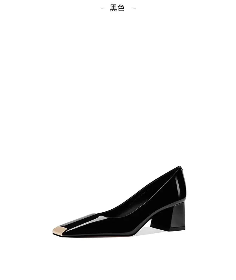 Ladies pumps chunky heels leather square head shallow mouth comfortable
