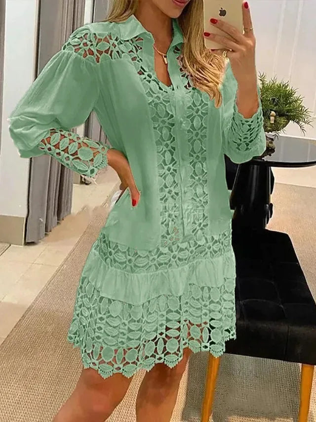 Elegant Lace Patchwork Casual Shirt Dress Fresh and Sweet Lantern Sleep Short Skirt