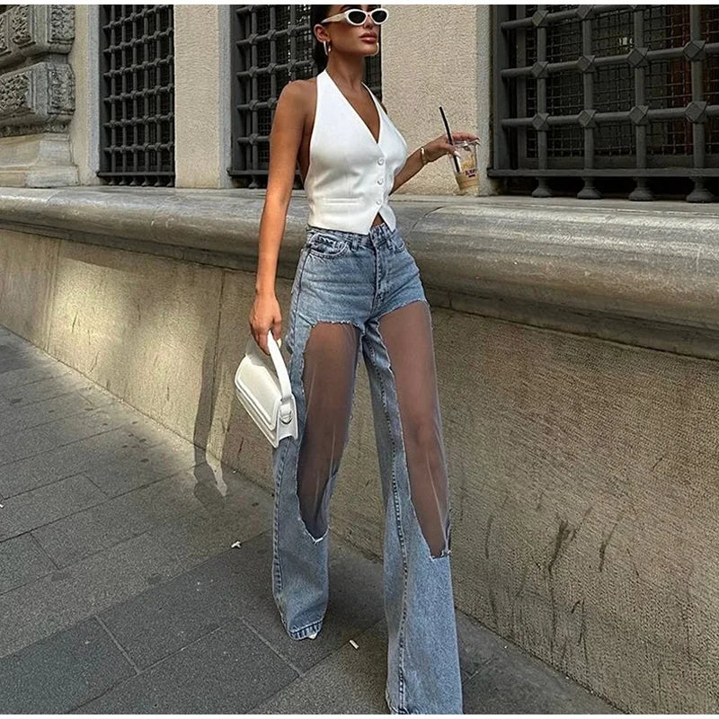 2025 Designer Women's Jeans Pant Blue Denim With Sheer Mesh Knee Panels Hip Hop Style Distressed High Waist Streetwear Trousers