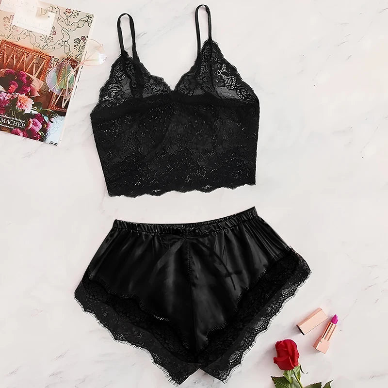 2 Pcs Women's New Sexy Lace See-Through Pajamas Black Pink Cute Clothes Comfortable Breathable Suspender Shorts Set